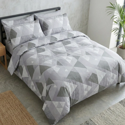 Szara pościel w geometryczne trójkąty Grafitowy Wymiar w nowoczesnej sypialni polskiej marki J&W