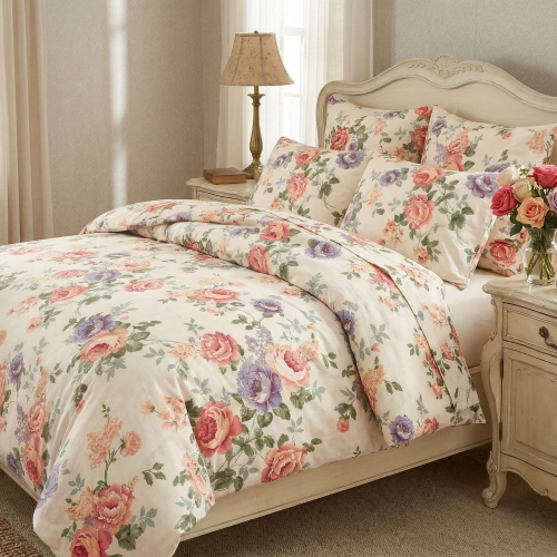 Komplet pościeli w klasyczne róże na kremowym tle w stylowej sypialni