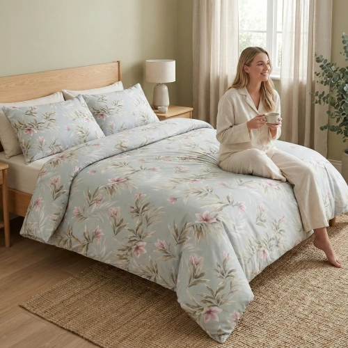 Uśmiechnięta kobieta z kubkiem w dłoni siedząca na łóżku z pościelą Szałwiowa Harmonia