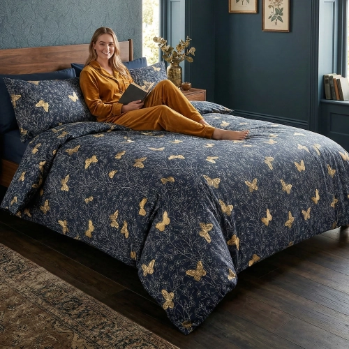 Uśmiechnięta kobieta czytająca książkę na łóżku z granatową pościelą w złote motyle