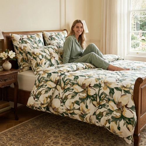 Uśmiechnięta kobieta w zielonej piżamie siedząca na łóżku z botaniczną pościelą Oliwna Magnolia