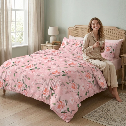 Uśmiechnięta kobieta w jasnej piżamie siedząca na łóżku z różową pościelą w kwiaty