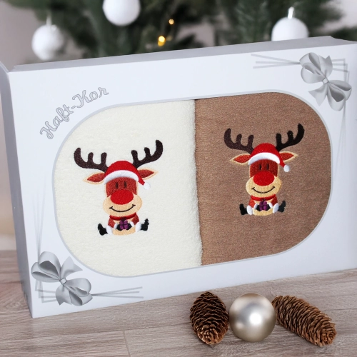 ŚWIĄTECZNY KOMPLET DWÓCH RĘCZNIKÓW 70x140 PREZENT ŚWIĘTA RENIFER