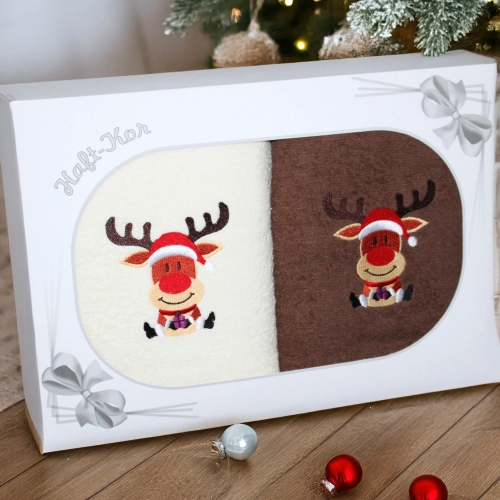 ŚWIĄTECZNY KOMPLET DWÓCH RĘCZNIKÓW 70x140 PREZENT ŚWIĘTA RENIFER