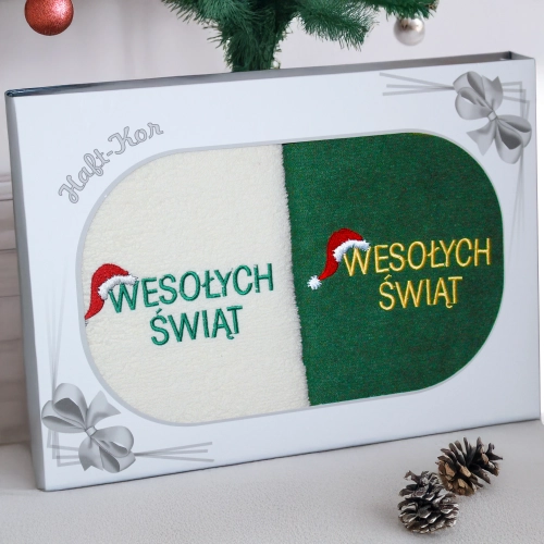 ŚWIĄTECZNY KOMPLET DWÓCH RĘCZNIKÓW 70x140 PREZENT ŚWIĘTA WESOŁYCH ŚWIĄT