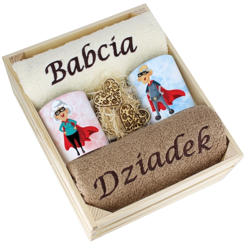IDEALNY PREZENT - ZESTAW RĘCZNIKI + KUBKI BABCIA i DZIADEK