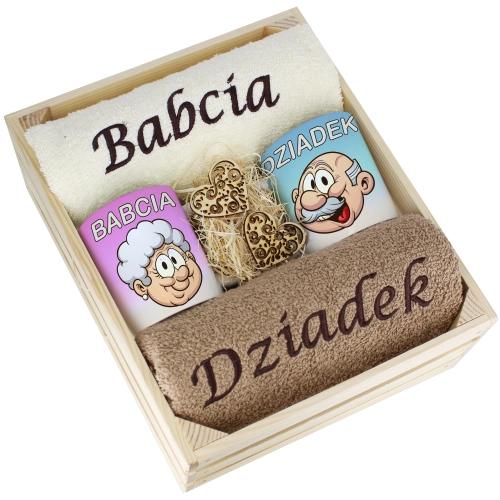 IDEALNY PREZENT - ZESTAW RĘCZNIKI + KUBKI BABCIA i DZIADEK