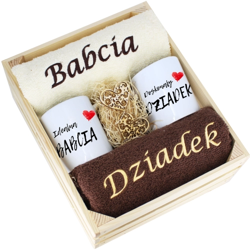 IDEALNY PREZENT - ZESTAW RĘCZNIKI + KUBKI BABCIA i DZIADEK