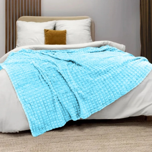 KOC 200x220 NARZUTA ŁÓŻKO Z MIKROFIBRY MIĘKKI PLED KOSTKA KVARTA BŁĘKIT