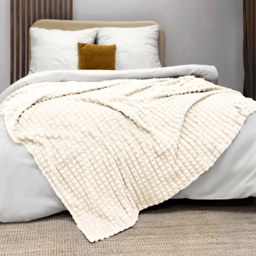 KOC 200x220 NARZUTA ŁÓŻKO Z MIKROFIBRY MIĘKKI PLED KOSTKA KVARTA ECRU