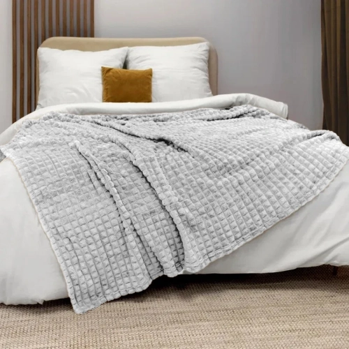 KOC 200x220 NARZUTA ŁÓŻKO MIKROFIBRA MIĘKKI PLED KOSTKA KVARTA JASNY SZARY