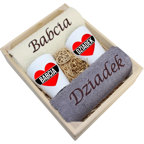 ZESTAW RĘCZNIKI KUBKI LATTE BABCIA DZIADEK PREZENT
