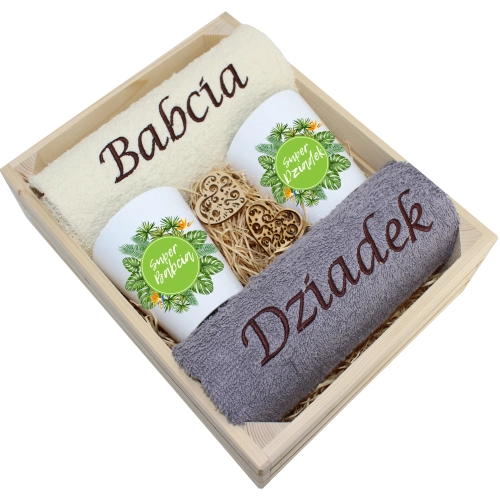 ZESTAW RĘCZNIKI KUBKI LATTE BABCIA DZIADEK PREZENT