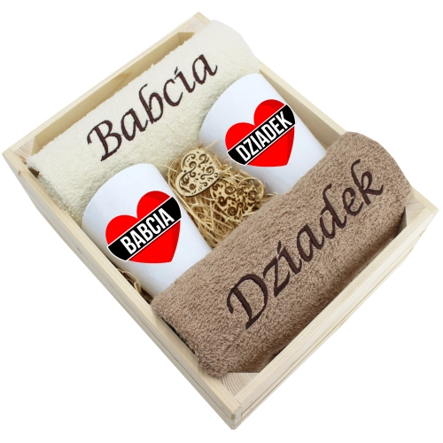 ZESTAW RĘCZNIKI KUBKI LATTE BABCIA DZIADEK PREZENT
