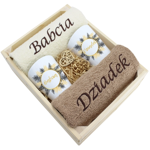 ZESTAW RĘCZNIKI KUBKI LATTE BABCIA DZIADEK PREZENT