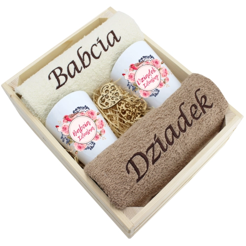 ZESTAW RĘCZNIKI KUBKI LATTE BABCIA DZIADEK PREZENT
