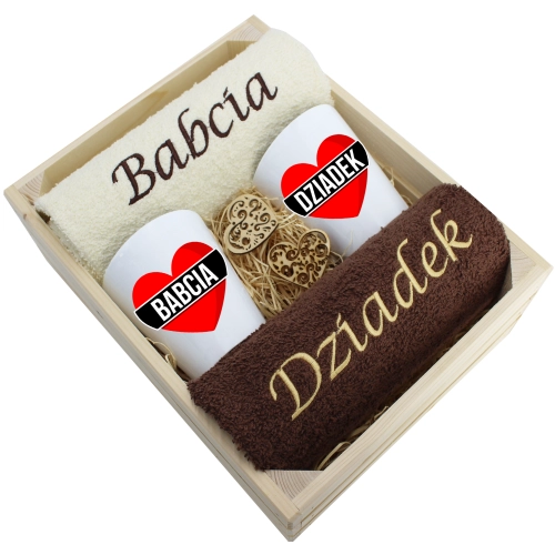 ZESTAW RĘCZNIKI KUBKI LATTE BABCIA DZIADEK PREZENT