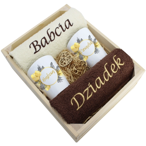 ZESTAW RĘCZNIKI KUBKI LATTE BABCIA DZIADEK PREZENT