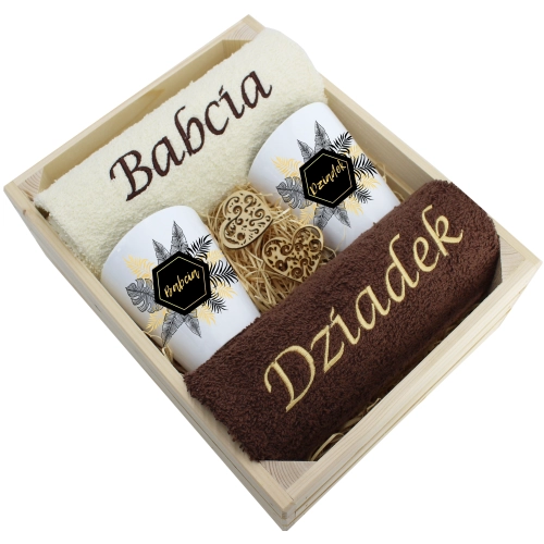 ZESTAW RĘCZNIKI KUBKI LATTE BABCIA DZIADEK PREZENT