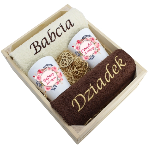 ZESTAW RĘCZNIKI KUBKI LATTE BABCIA DZIADEK PREZENT