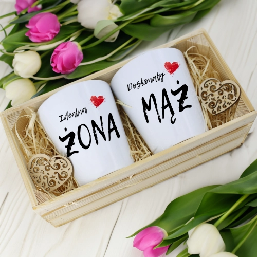 PREZENT ŚLUBNY ZESTAW KUBKÓW LATTE ŻONA i MĄŻ W SKRZYNCE KOMPLET KUBKI