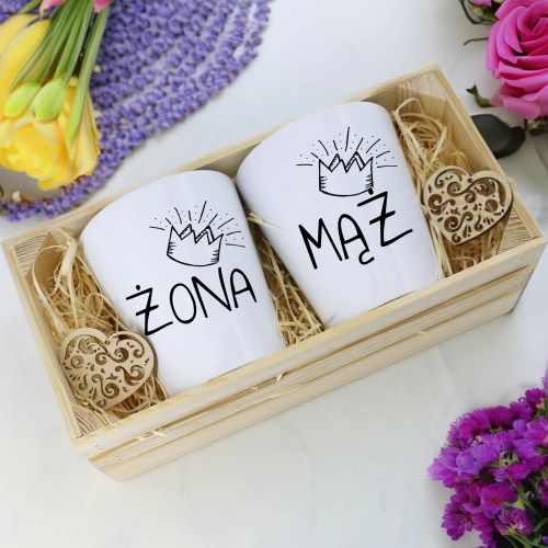 PREZENT ŚLUBNY ZESTAW KUBKÓW LATTE ŻONA i MĄŻ W SKRZYNCE KOMPLET KUBKI