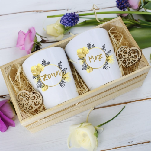 PREZENT ŚLUBNY ZESTAW KUBKÓW LATTE ŻONA i MĄŻ W SKRZYNCE KOMPLET KUBKI