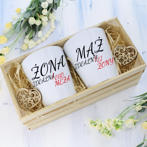 PREZENT ŚLUBNY ZESTAW KUBKÓW LATTE ŻONA i MĄŻ W SKRZYNCE KOMPLET KUBKI