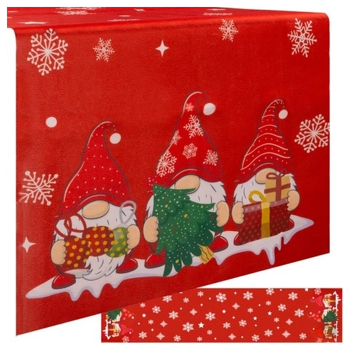 Bardzo długi czerwony bieżnik świąteczny (220x40cm) z motywem białych śnieżynek i krasnali na końcach.