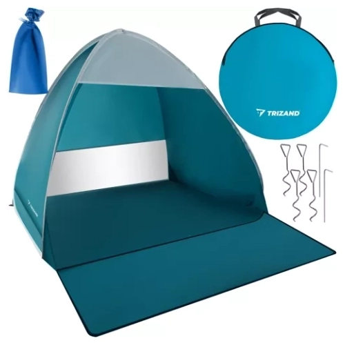 Namiot plażowy z widocznym wejściem i przedłużoną podłogą, zapewniający cień i schronienie