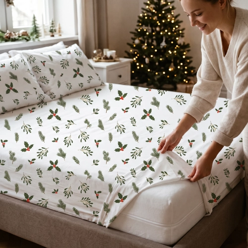Białe świąteczne prześcieradło tradycyjne bez gumki z bawełny premium w botaniczny wzór z iglastymi gałązkami, jemiołą i