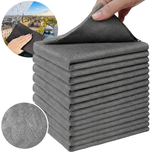 Zestaw dziesięciu złożonych w kostkę szarych magicznych ściereczek z mikrofibry do czyszczenia bez smug z detalami mater