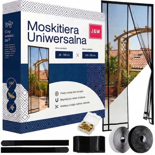 Opakowanie uniwersalnej moskitiery magnetycznej J&W z widocznymi rolkami rzepów, czarną siatką i pinezkami montażowymi