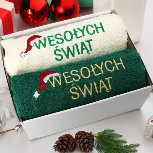 ŚWIĄTECZNY KOMPLET GRUBYCH RĘCZNIKÓW Z HAFTEM NA PREZENT MIKOŁAJ ŚWIĘTA