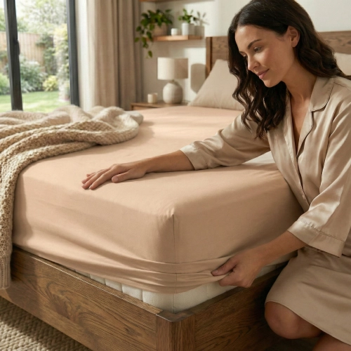 Jasnobeżowe prześcieradło nieprzemakalne Jersey ochraniacz na materac