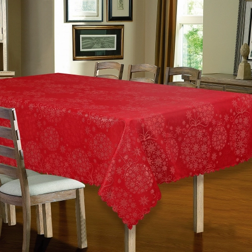 Czerwony obrus świąteczny w srebrne bombki i śnieżynki 130x180 cm