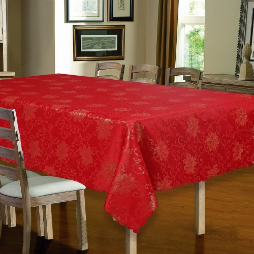 Czerwony obrus świąteczny w złote bombki, śnieżynki i gałązki 130x180 cm