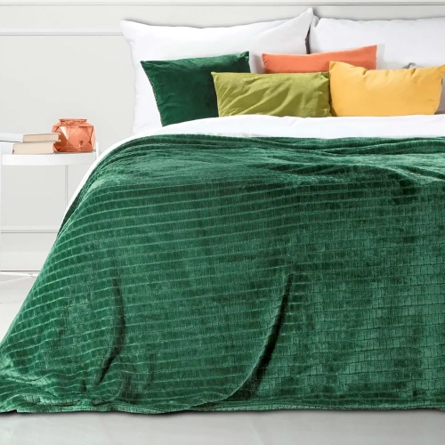 KOC NARZUTA ŁÓŻKO Z MIKROFIBRY MIĘKKI PLED KOSTKA OFFSETA BUTELKOWA ZIELEŃ