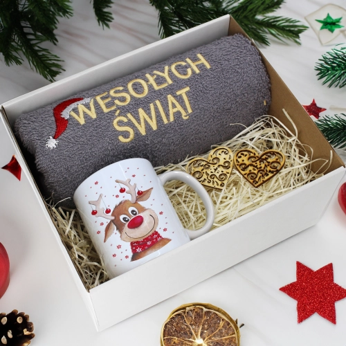 PREZENT NA ŚWIĘTA KUBEK + RĘCZNIK Z HAFTEM ŚWIĄTECZNY ZESTAW MIKOŁAJ