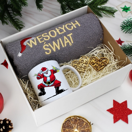 PREZENT NA ŚWIĘTA KUBEK + RĘCZNIK Z HAFTEM ŚWIĄTECZNY ZESTAW MIKOŁAJ