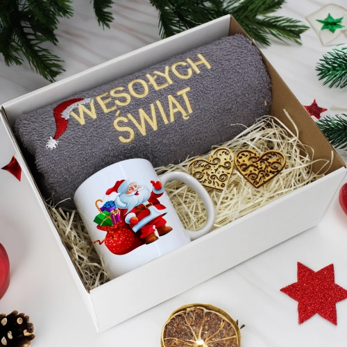 PREZENT NA ŚWIĘTA KUBEK + RĘCZNIK Z HAFTEM ŚWIĄTECZNY ZESTAW MIKOŁAJ