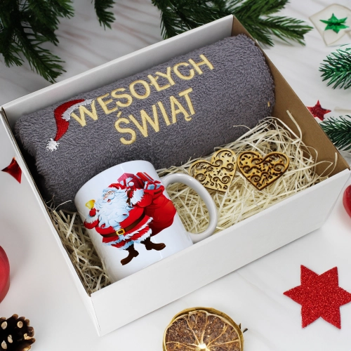 PREZENT NA ŚWIĘTA KUBEK + RĘCZNIK Z HAFTEM ŚWIĄTECZNY ZESTAW MIKOŁAJ