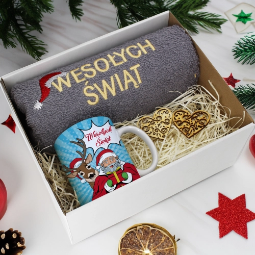 PREZENT NA ŚWIĘTA KUBEK + RĘCZNIK Z HAFTEM ŚWIĄTECZNY ZESTAW MIKOŁAJ