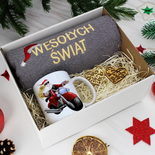 PREZENT NA ŚWIĘTA KUBEK + RĘCZNIK Z HAFTEM ŚWIĄTECZNY ZESTAW MIKOŁAJ