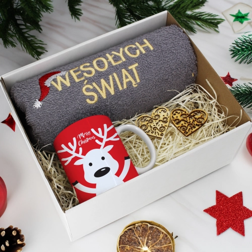 PREZENT NA ŚWIĘTA KUBEK + RĘCZNIK Z HAFTEM ŚWIĄTECZNY ZESTAW MIKOŁAJ