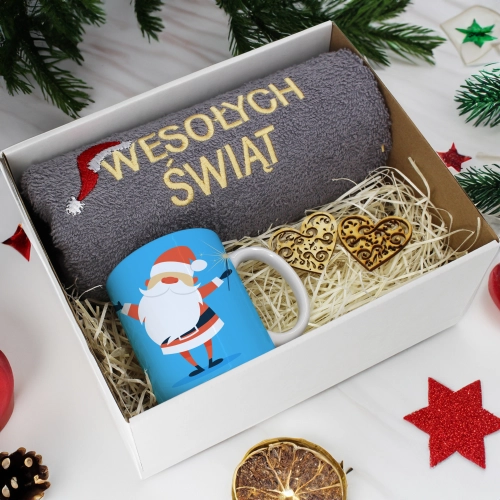 PREZENT NA ŚWIĘTA KUBEK + RĘCZNIK Z HAFTEM ŚWIĄTECZNY ZESTAW MIKOŁAJ