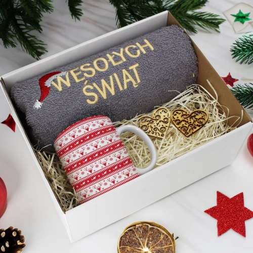 PREZENT NA ŚWIĘTA KUBEK + RĘCZNIK Z HAFTEM ŚWIĄTECZNY ZESTAW MIKOŁAJ