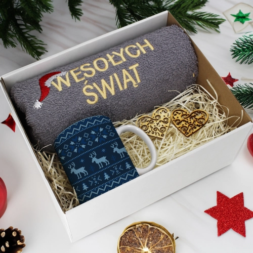 PREZENT NA ŚWIĘTA KUBEK + RĘCZNIK Z HAFTEM ŚWIĄTECZNY ZESTAW MIKOŁAJ