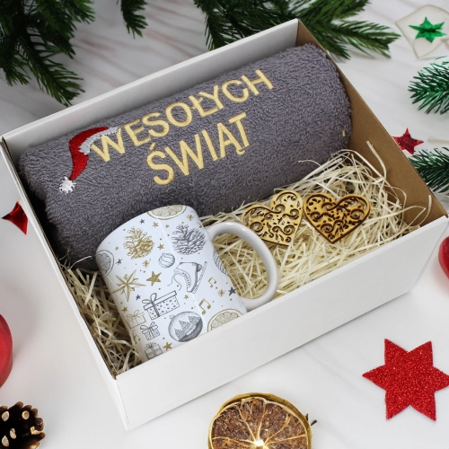 PREZENT NA ŚWIĘTA KUBEK + RĘCZNIK Z HAFTEM ŚWIĄTECZNY ZESTAW MIKOŁAJ