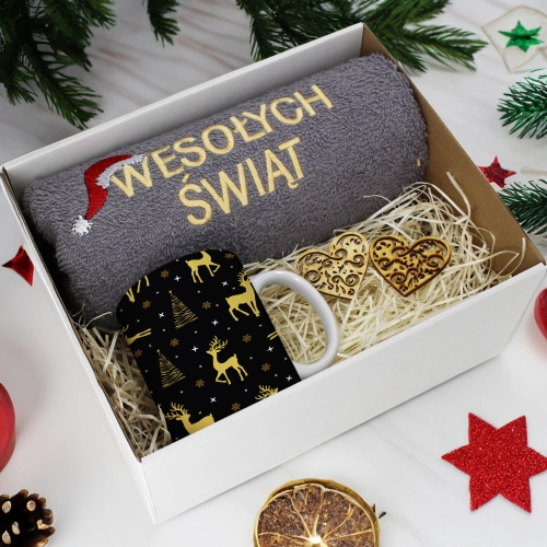 PREZENT NA ŚWIĘTA KUBEK + RĘCZNIK Z HAFTEM ŚWIĄTECZNY ZESTAW MIKOŁAJ